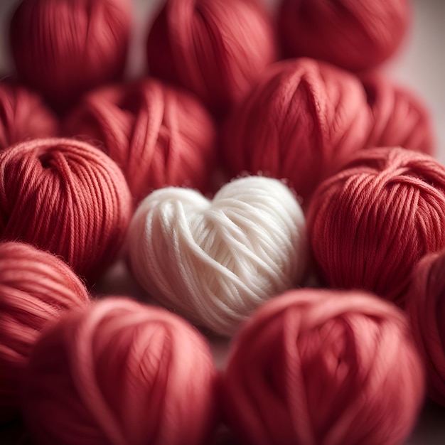 Czerwone i białe sznurki przędzy w kształcie serca
