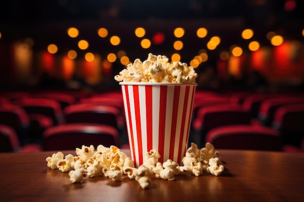 Czerwone i białe wiadro z popcornem na abstrakcyjnym niewyraźnym tle Przekąski dla kina