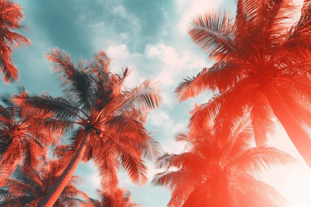 Czerwone i błękitne niebo z palmami na pierwszym planie i słońce świecące przez chmury.