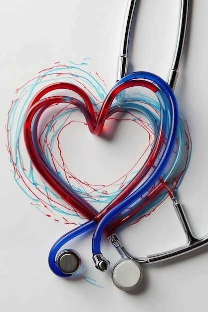 Czerwone i niebieskie linie w kształcie serca stetoskop na białym tle