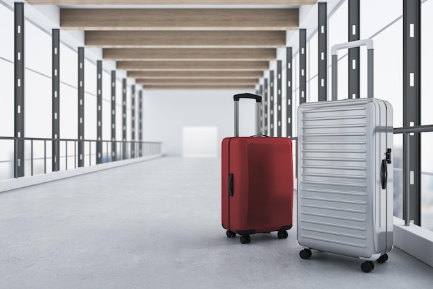 Czerwone i szare walizki umieszczone we współczesnym rozmytym wnętrzu lotniska z panoramicznymi oknami i widokiem na miasto Koncepcja podróży i bagażu Renderowanie 3D