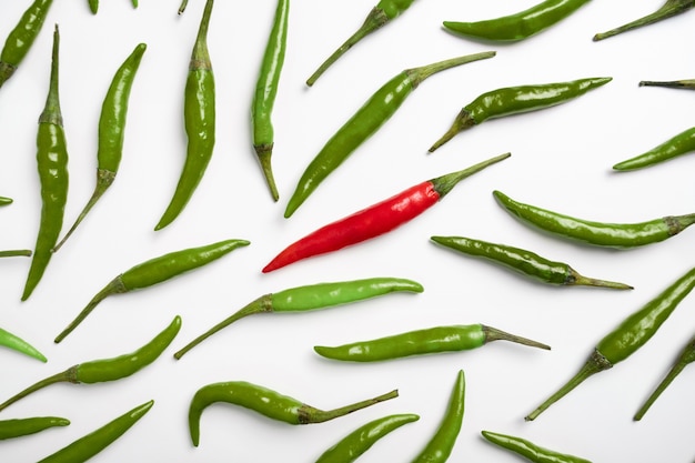 Czerwone i zielone papryczki chili na białym tle