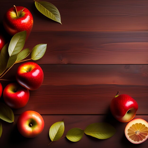 Czerwone jabłka na drewnianym ciemnym tle Jesienne zbiory Leżał płasko Miejsce kopiowania