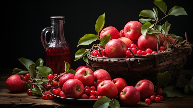 Czerwone jabłka w koszu i sok na stole