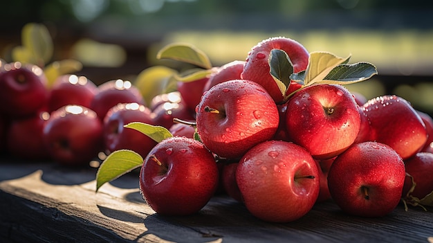 czerwone jabłka z liśćmi w koszu na drewnianym tle selektywna fokusgeneracyjna ai