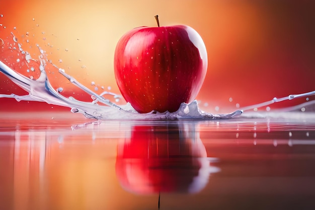 Czerwone jabłko jest w wodzie z odrobiną wody.
