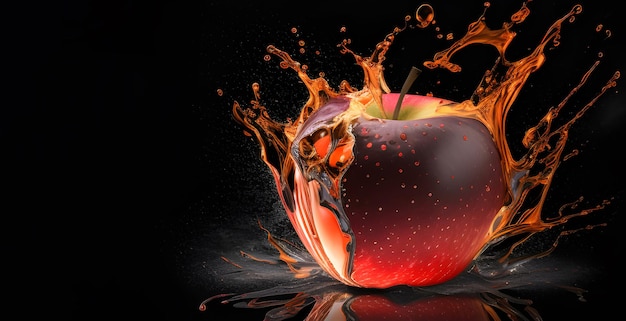 Czerwone jabłko jest wrzucane do odrobiny soku pomarańczowego.