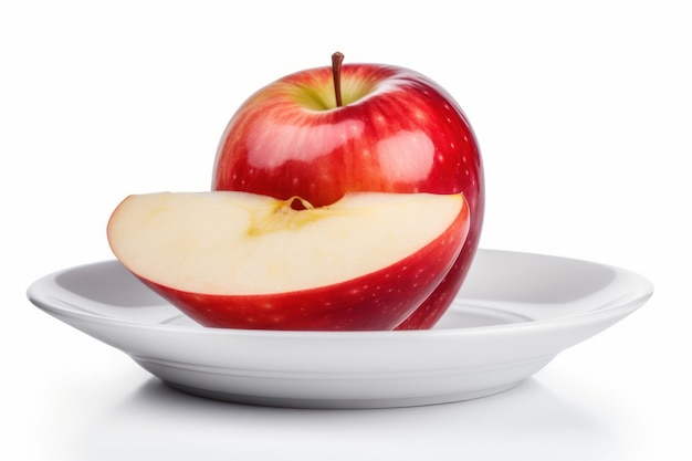Czerwone jabłko leży na talerzu z wyjętym z niego plasterkiem.