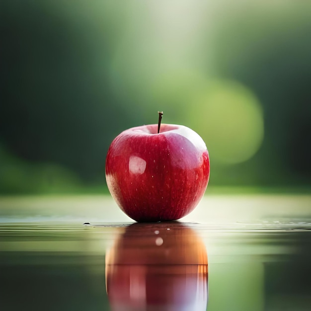Czerwone jabłko pływa w wodzie z odbiciem drzew na tle