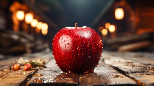 Zdjęcie czerwone jabłko siedzi na drewnianym stole.