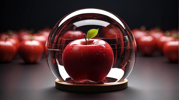 Czerwone jabłko siedzi na piedestale otoczonym szklaną kopułą Kilka innych jabłek siedzi przed pe