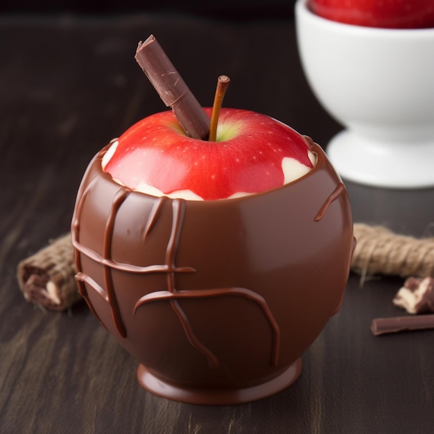 Zdjęcie czerwone jabłko w kształcie czekoladowej muszli ze świecą w tle.