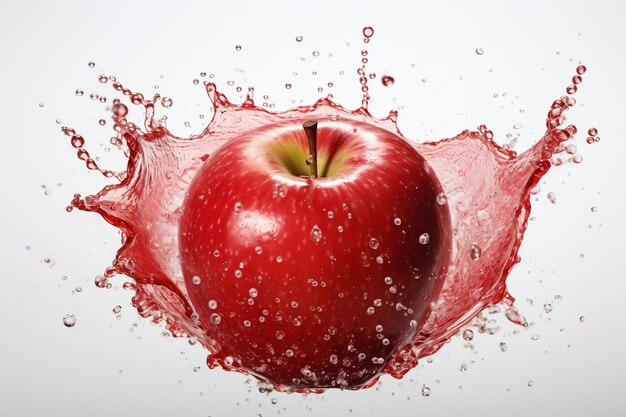 Czerwone jabłko w plusk wody lewitujący na białym tle