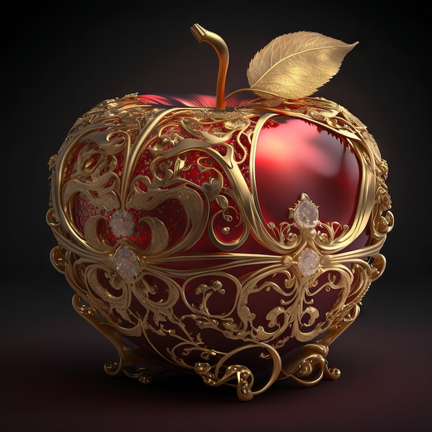 Czerwone jabłko z ornamentem złota na czarnym tle Generative AI