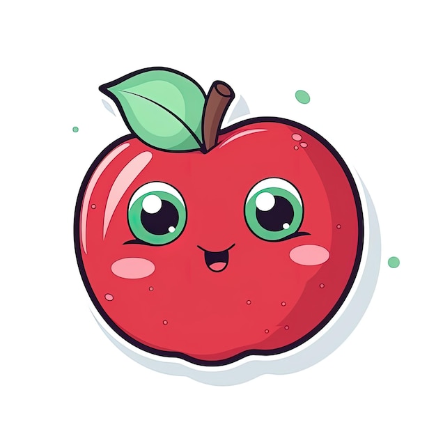 czerwone jabłko z zielonymi oczami i zielonym liściem.