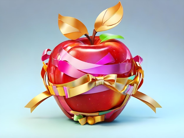 Zdjęcie czerwone jabłko z złotą wstążką wokół niego