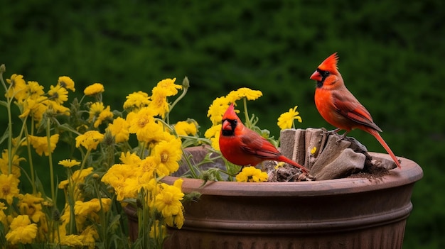 Czerwone kardynały siedzą wewnątrz dużej rośliny z żółtymi kwiatami na ziemi