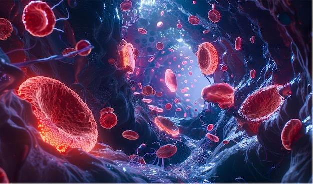 Czerwone krwinki pływające wewnątrz naczyń krwionośnych