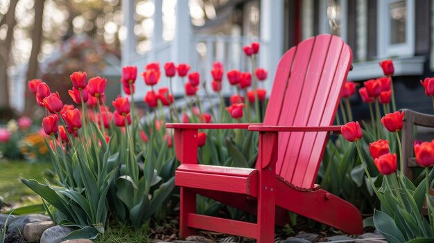 Czerwone krzesło na polu czerwonych kwiatów