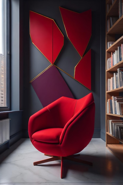 Czerwone krzesło w pokoju z regałem z napisem „miłość jest w kącie”