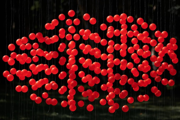 Czerwone kulki zawieszone na drucianym obiekcie artystycznym na świeżym powietrzu symbolizującym komórki krwi i ludzkie zdrowie