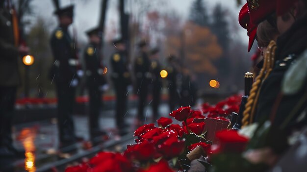 Czerwone kwiaty na pierwszym planie z rozmytymi żołnierzami w tle