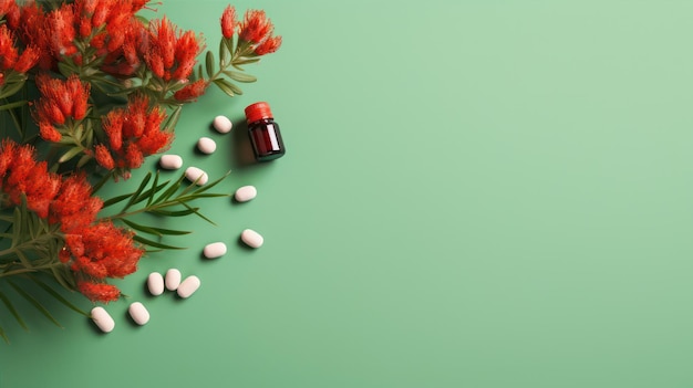 Zdjęcie czerwone kwiaty rhodioli i suplementy w postaci leku wyizolowanego na zielonym czerwonym tle zioła homeopatyczne