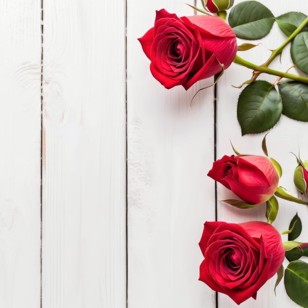 Czerwone kwiaty róży na białym drewnianym tle Romantyczna kartka powitalna na Dzień Walentynek