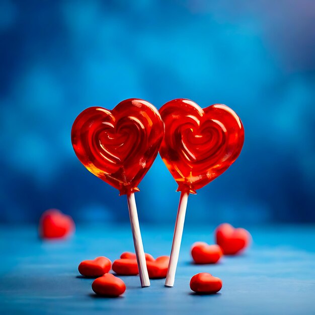 Czerwone lizaki w kształcie serca miłość i Dzień Walentynek koncepcja na niebieskim tle generatywna sztuczna inteligencja