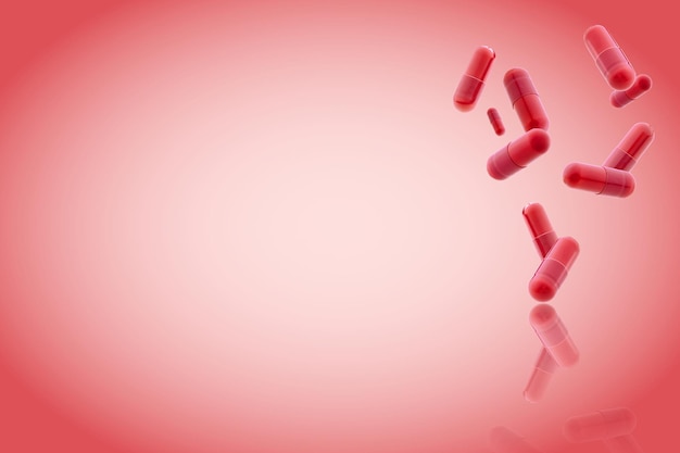 Czerwone medyczne kapsułki żelowe spadające na czerwonym tle suplement diety pigułki koncepcyjne apteki