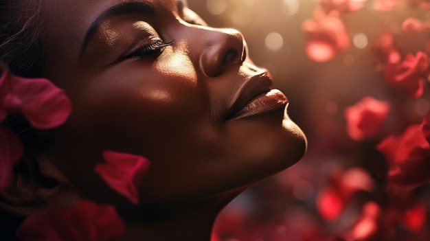 Czerwone płatki róży delikatnie spływają na twarz czarnej kobiety w średnim wieku w portretie z bliska