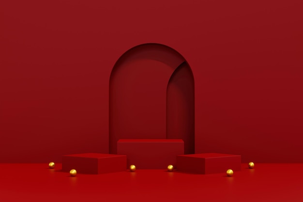 Czerwone podium minimalne na scenie ze słodką czerwoną platformą Studio 3D z czerwoną platformą