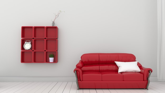 Czerwone półki na białej ścianie. Renderowania 3D