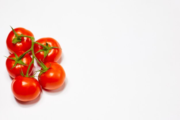 Czerwone pomidory organiczne na zielonej gałęzi na białym tle.