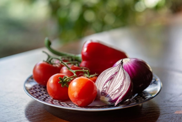 Czerwone Pomidory Papryka Papryka Chili I Zielona Cebula Organiczne Warzywa Na Talerzu Zdrowa żywność Wegetariańska Odżywianie Miękkie Selektywne Skupienie