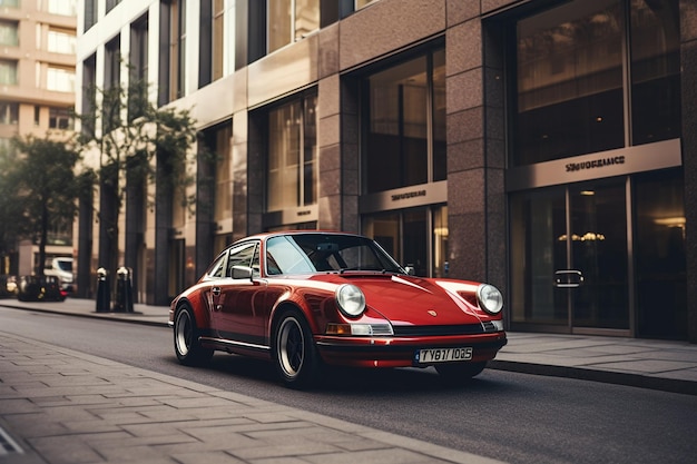 Czerwone Porsche na ulicy z biurowcem w tle