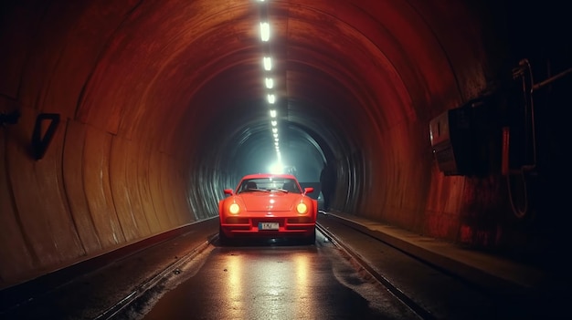 Czerwone Porsche w tunelu z słowem "Hollywood" na przedniej stronie.