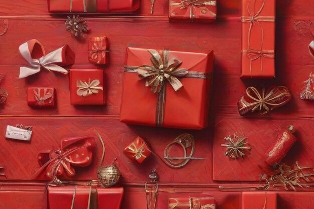 Czerwone prezenty świąteczne na czerwonym