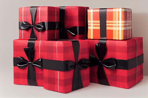 Zdjęcie czerwone pudełka na prezenty świąteczne ułożone w klatce z czarnymi wstążkami i kokardkami