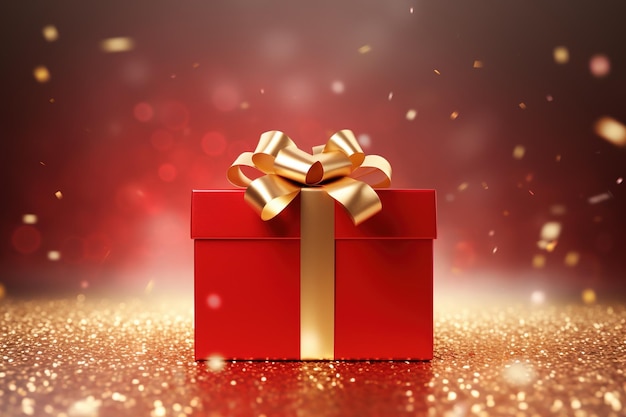 czerwone pudełko na prezent złota wstążka walentynki, boże narodzenie lub rocznica uroczystość niespodzianka w tle