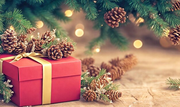Czerwone pudełko z pączkami pod choinką Bożego Narodzenia prezent noworoczny pod drzewem noworoczna kartka z miejscem na tekst