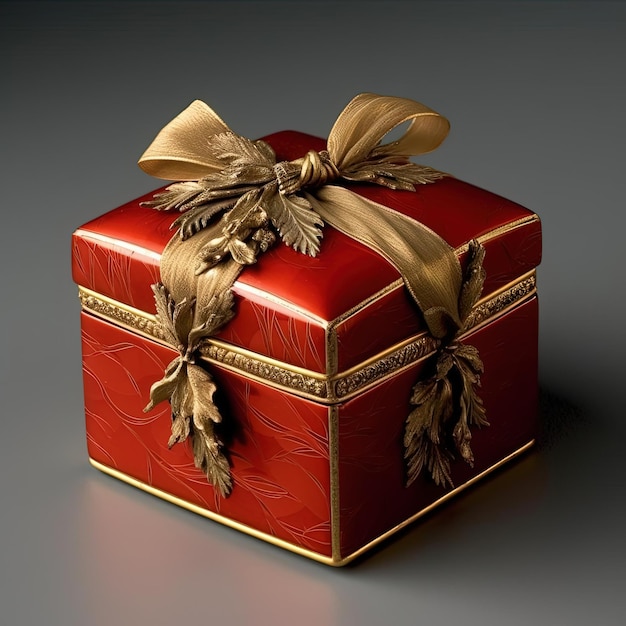czerwone pudełko z złotym łukiem i gałęzią sosny