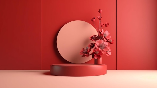 Czerwone puste podium z kwiatami na różowym tle etap prezentacji produktu