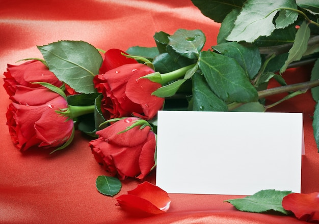 Czerwone róże i biała kartka z miejscem na tekst gratulacyjny
