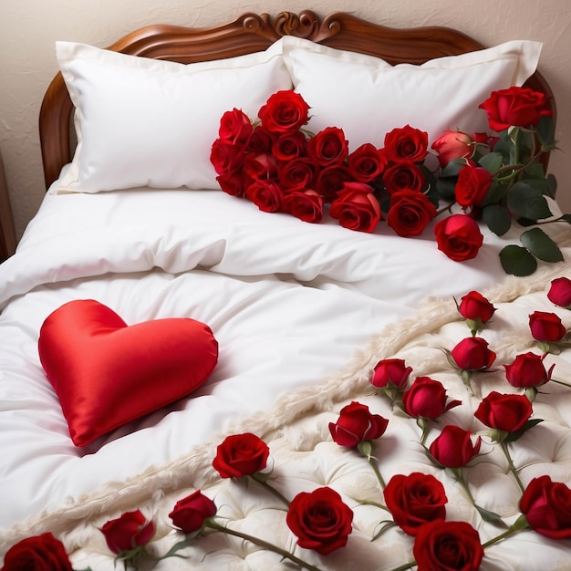 Czerwone róże na białym prześcieradle z płatkami rozrzuconymi na tle romantycznego łóżka