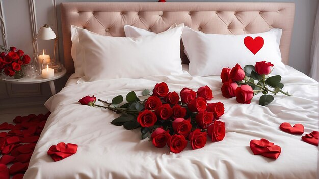 Czerwone róże na białym prześcieradle z płatkami rozrzuconymi na tle romantycznego łóżka
