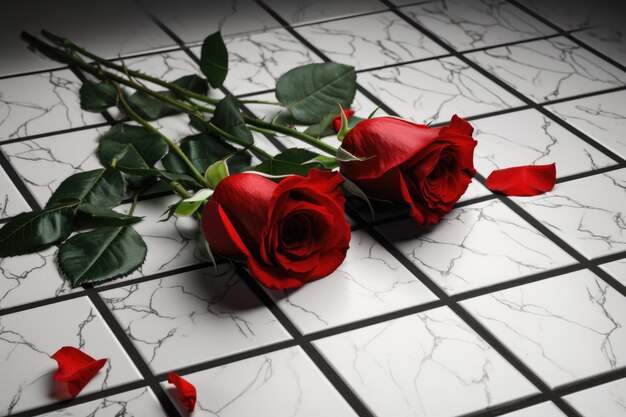 Czerwone róże na tle czarno-białych kafelków utworzone za pomocą generatywnej ai