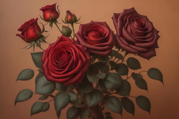 Czerwone róże na tle Górny widok pięknych czerwonych róż z zielonymi liśćmi