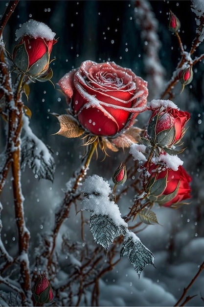 Czerwone róże pokryte szronem i śniegiem Walentynki w tle Utworzono za pomocą technologii Generative AI