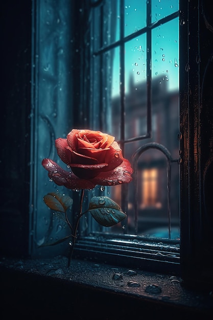 Czerwone róże przy oknie wniosły odrobinę romansu do pokoju Generative AI
